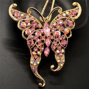 Barbiecore PINK Sparkly Crystal Rhinestone BUTTERFLY Gold PIN Pendant Necklace